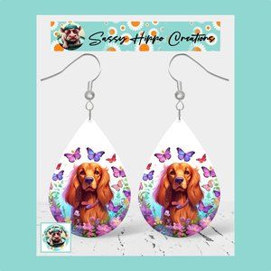 Earrings Cocker Spaniel Puppy Dog Butterflies Flowers Hand Sublimated Printed